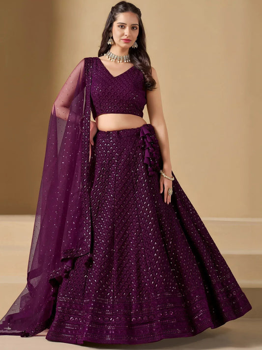 Tulsi Art Lovable Wine Thread Embroidery Georgette Reception Wear Lehenga Choli