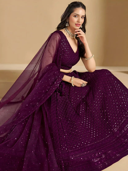 Tulsi Art Lovable Wine Thread Embroidery Georgette Reception Wear Lehenga Choli