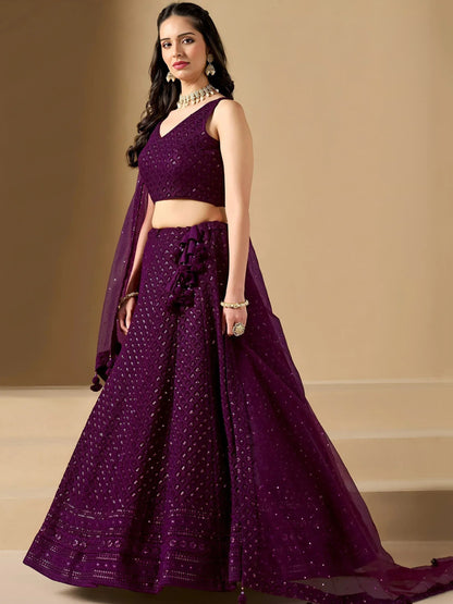 Tulsi Art Lovable Wine Thread Embroidery Georgette Reception Wear Lehenga Choli