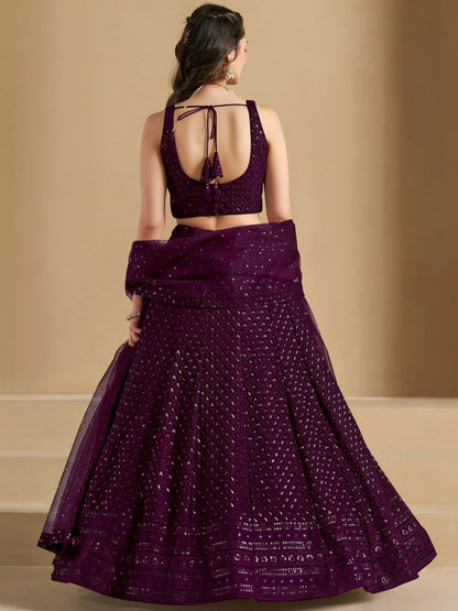 Tulsi Art Lovable Wine Thread Embroidery Georgette Reception Wear Lehenga Choli