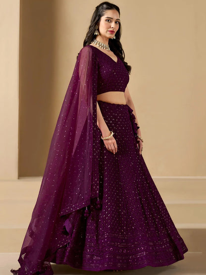 Tulsi Art Lovable Wine Thread Embroidery Georgette Reception Wear Lehenga Choli