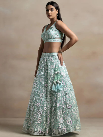 Tulsi Art Attractive Blue Sequins Net Designer Lehenga Choli With Dupatta
