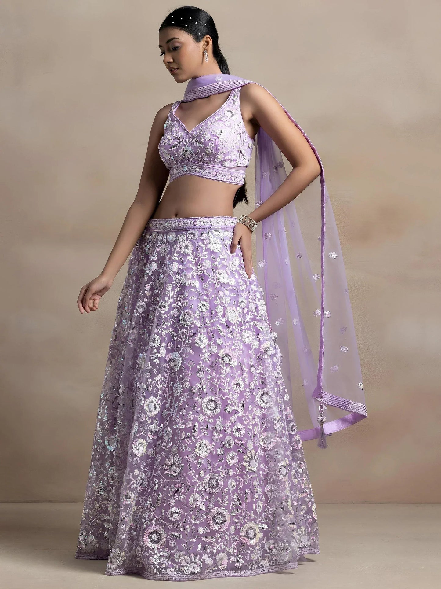 Tulsi Art Adorable Lavender Sequins Net Bridesmaid Lehenga Choli With Dupatta