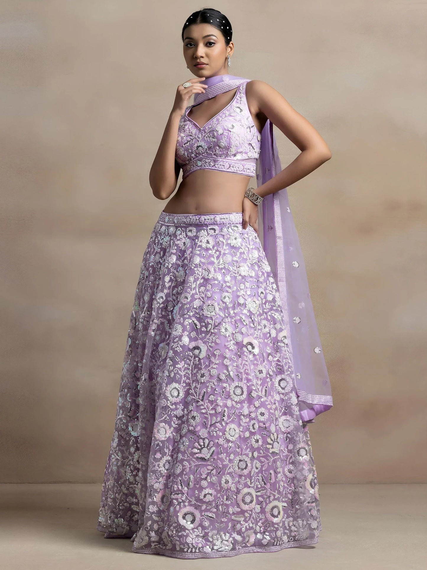 Tulsi Art Adorable Lavender Sequins Net Bridesmaid Lehenga Choli With Dupatta