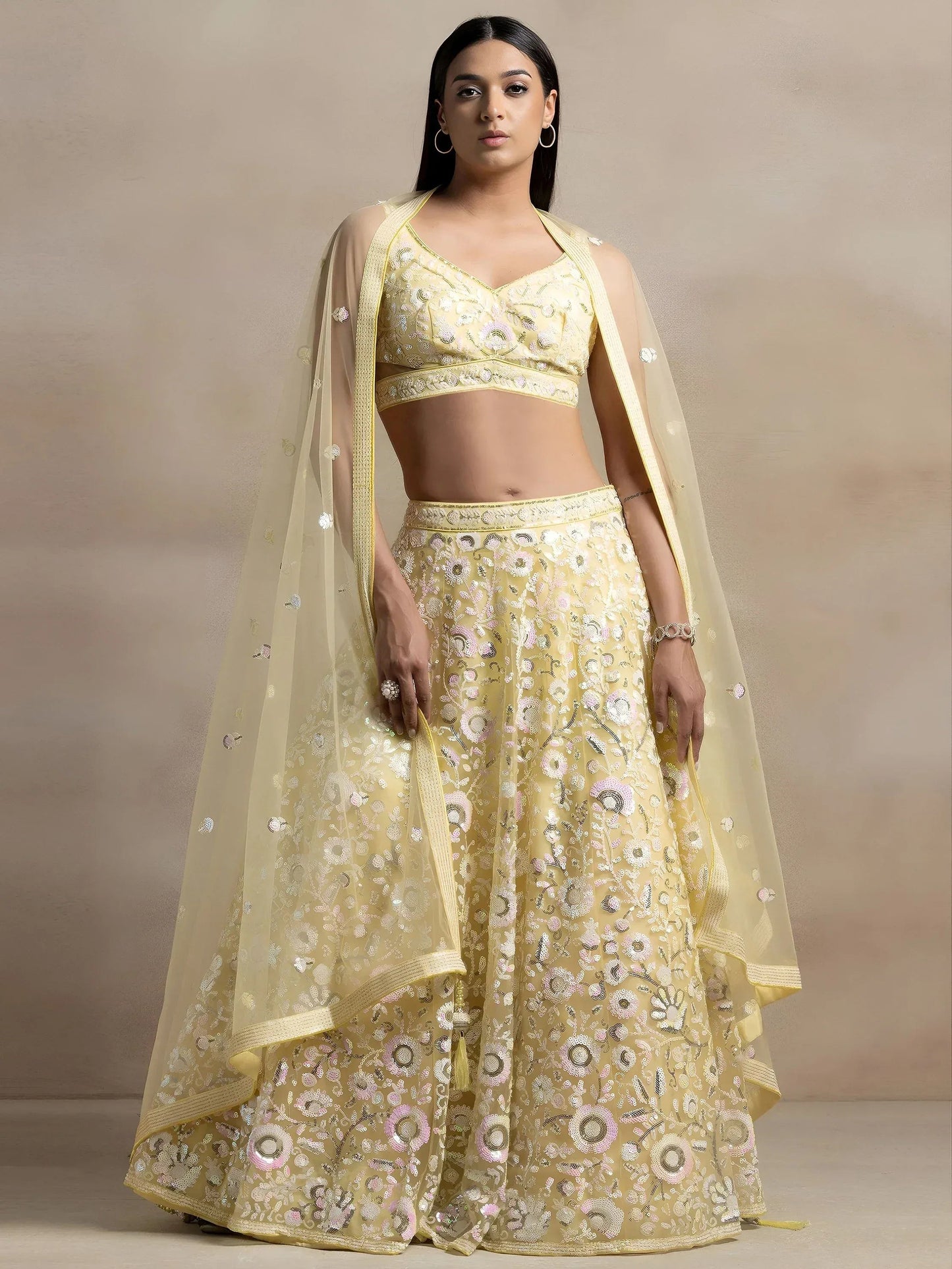 Tulsi Art Beautiful Yellow Sequins Net Party Wear Lehenga Choli With Dupatta