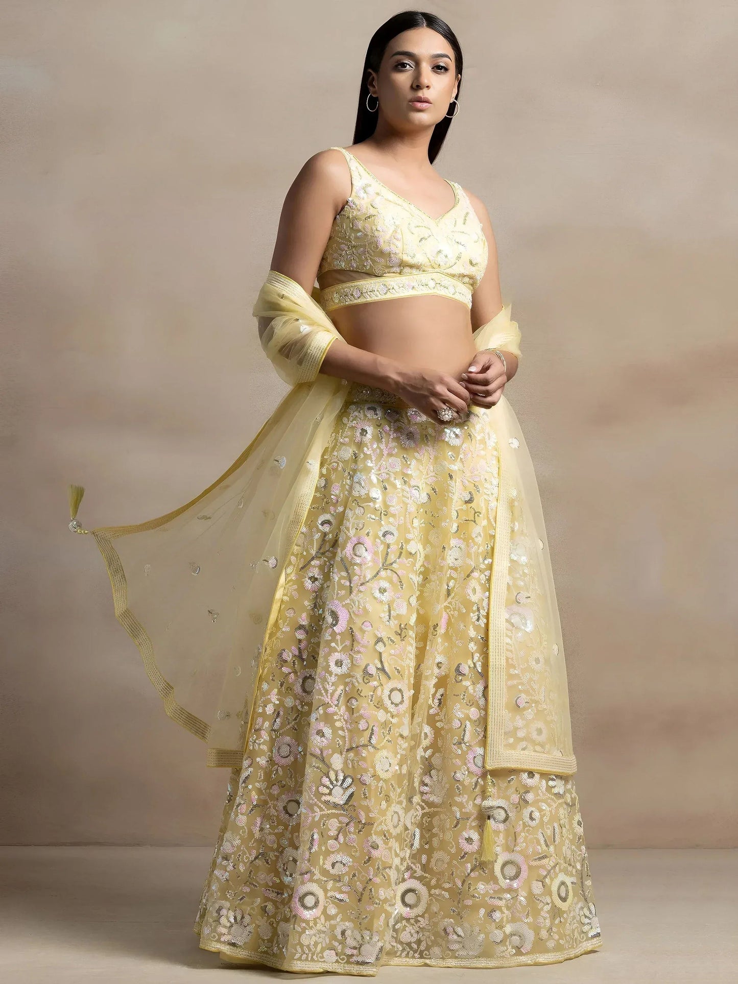 Tulsi Art Beautiful Yellow Sequins Net Party Wear Lehenga Choli With Dupatta