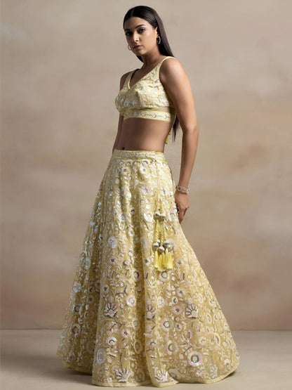 Tulsi Art Beautiful Yellow Sequins Net Party Wear Lehenga Choli With Dupatta