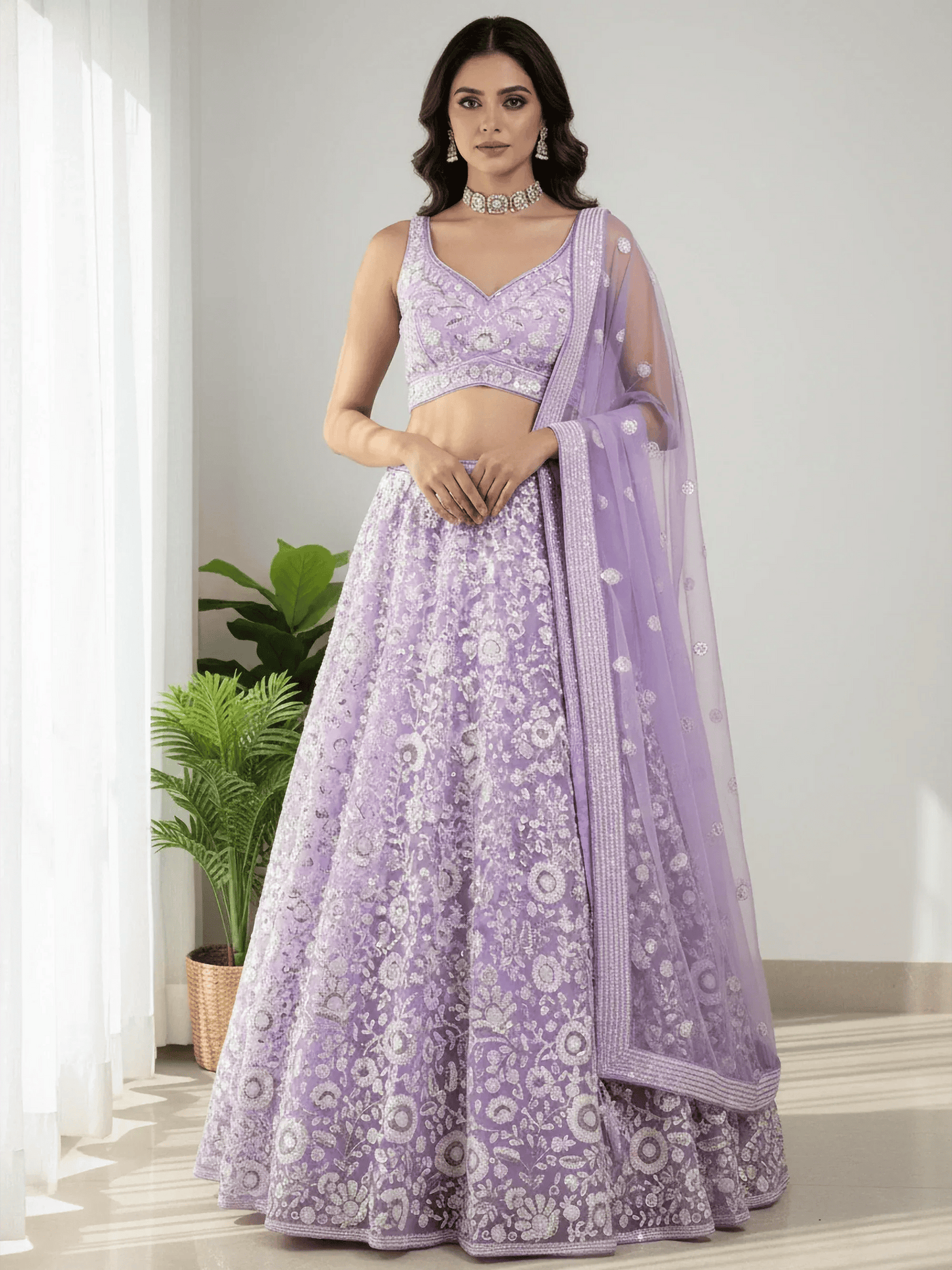 Tulsi Art Glowing Lavender Sequins Embroidered Net Party Wear Lehenga Choli
