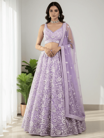 Tulsi Art Glowing Lavender Sequins Embroidered Net Party Wear Lehenga Choli