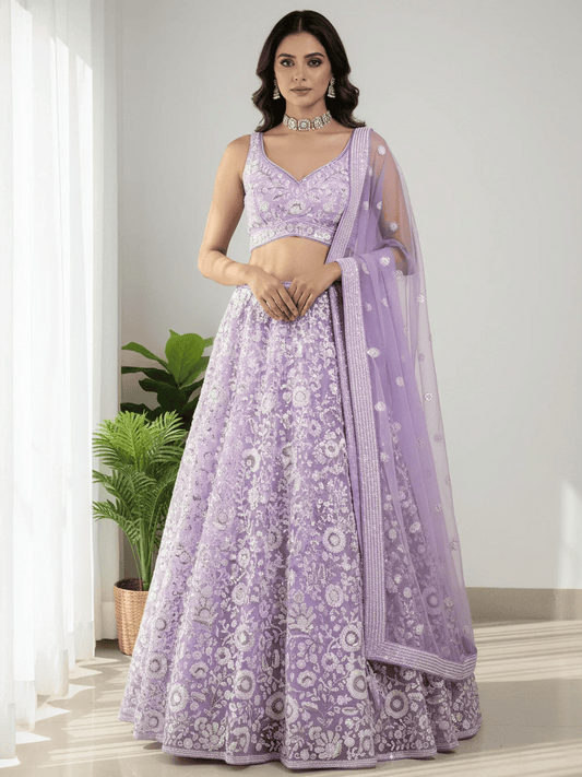 Tulsi Art Glowing Lavender Sequins Embroidered Net Party Wear Lehenga Choli