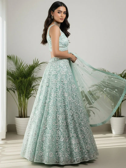 Tulsi Art Sparkling Green Sequins Embroidered Net Reception Wear Lehenga Choli