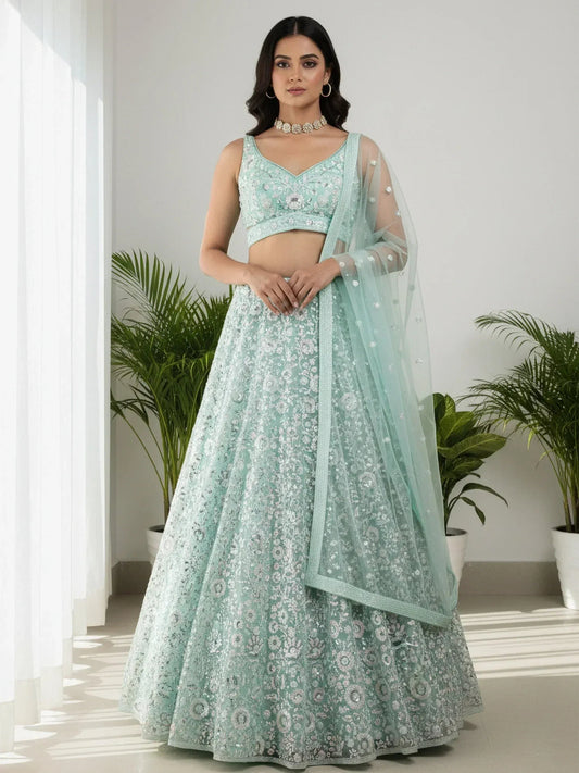 Tulsi Art Sparkling Green Sequins Embroidered Net Reception Wear Lehenga Choli