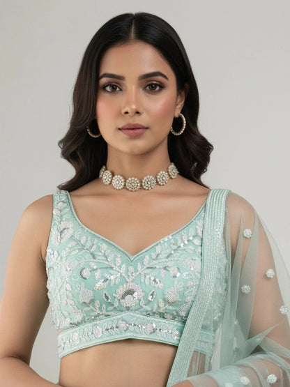 Tulsi Art Sparkling Green Sequins Embroidered Net Reception Wear Lehenga Choli