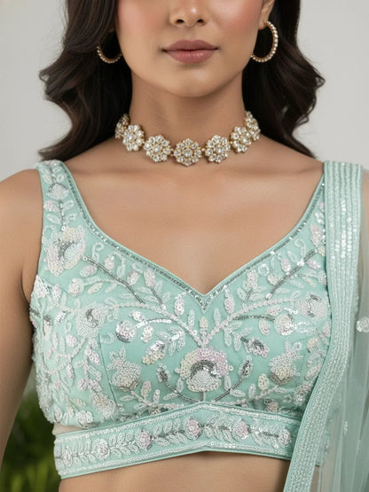 Tulsi Art Sparkling Green Sequins Embroidered Net Reception Wear Lehenga Choli