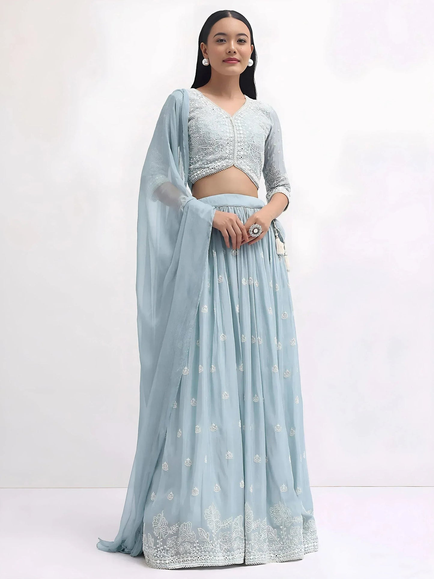 Tulsi Art Adorable Blue Thread Embroidered Georgette Party Wear Lehenga Choli
