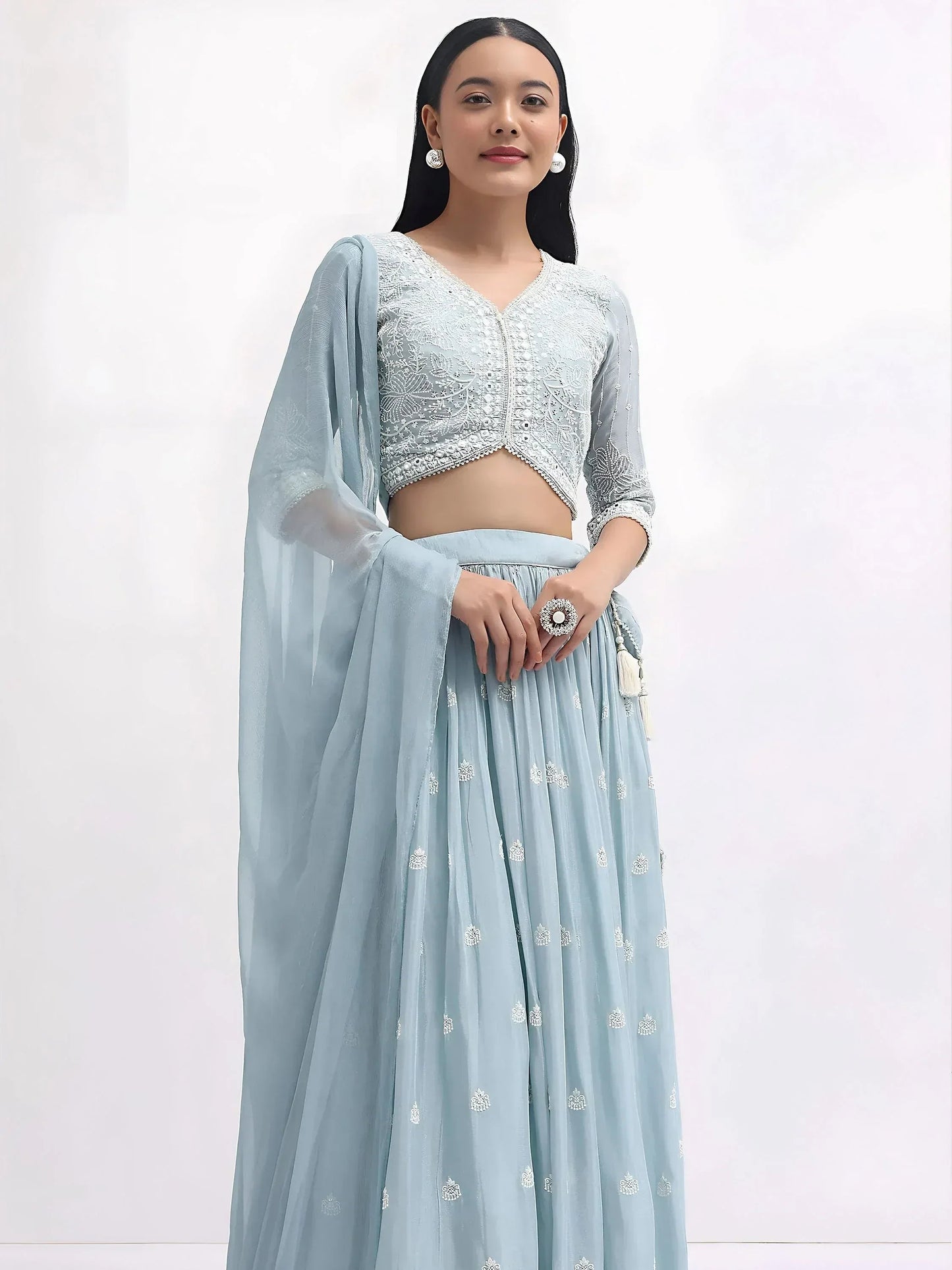 Tulsi Art Adorable Blue Thread Embroidered Georgette Party Wear Lehenga Choli