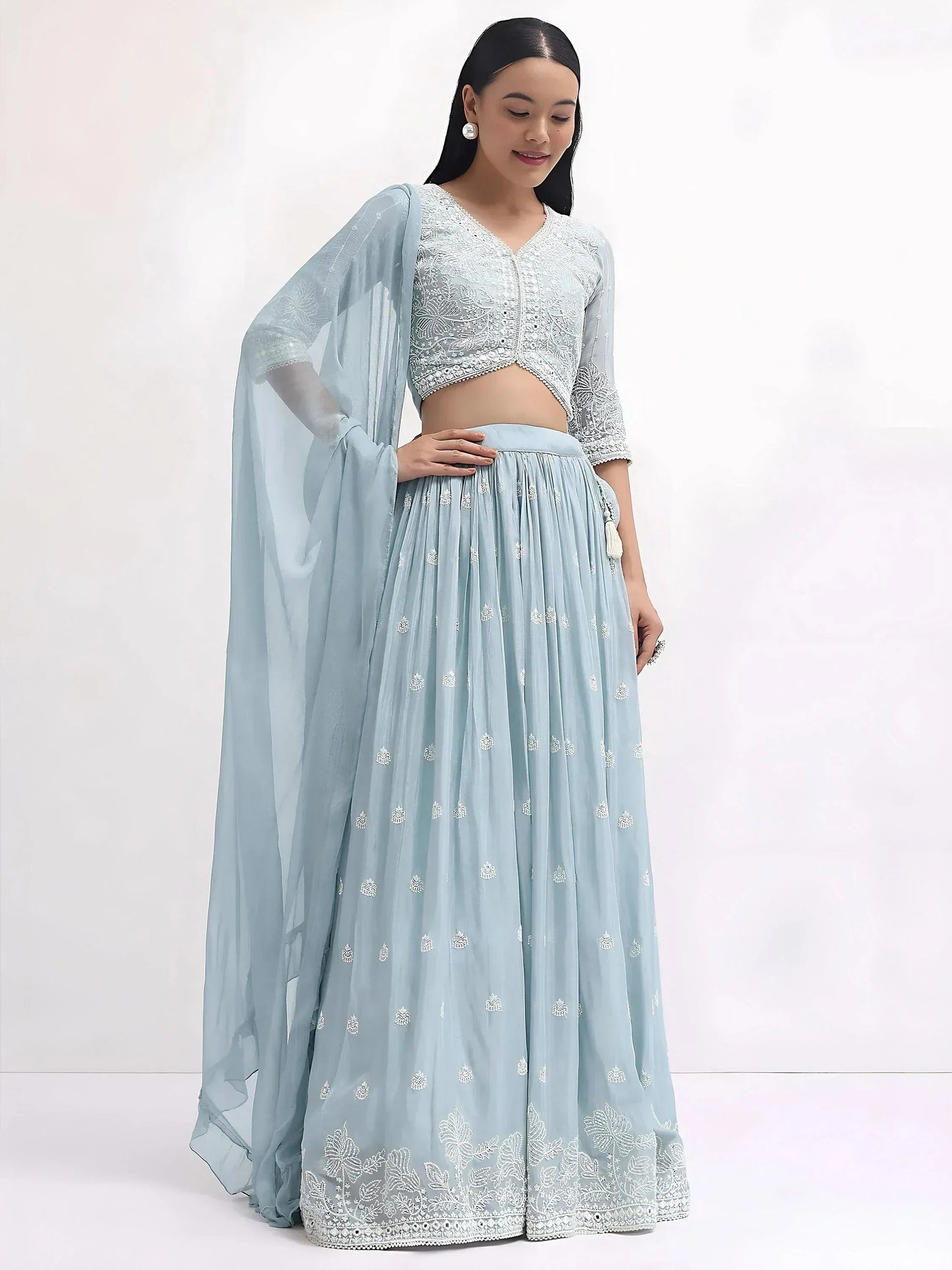 Tulsi Art Adorable Blue Thread Embroidered Georgette Party Wear Lehenga Choli