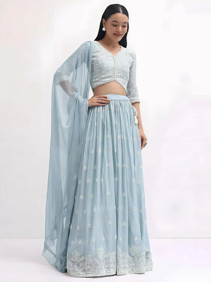 Tulsi Art Adorable Blue Thread Embroidered Georgette Party Wear Lehenga Choli