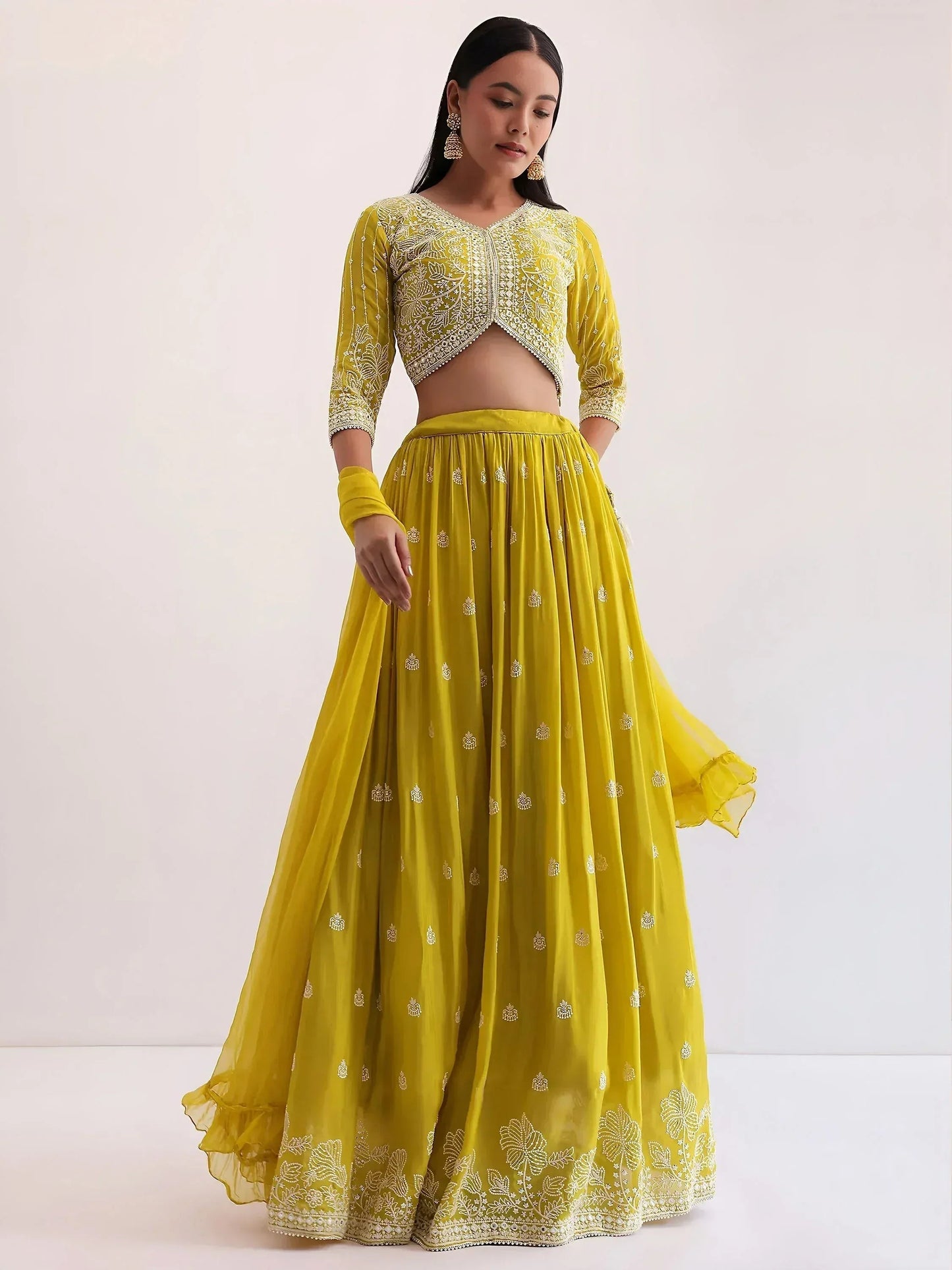 Tulsi Art Lovely Yellow Thread Embroidered Georgette Haldi Wear Lehenga Choli