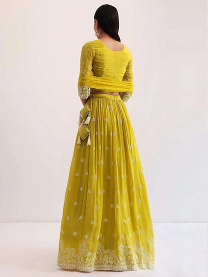 Tulsi Art Lovely Yellow Thread Embroidered Georgette Haldi Wear Lehenga Choli