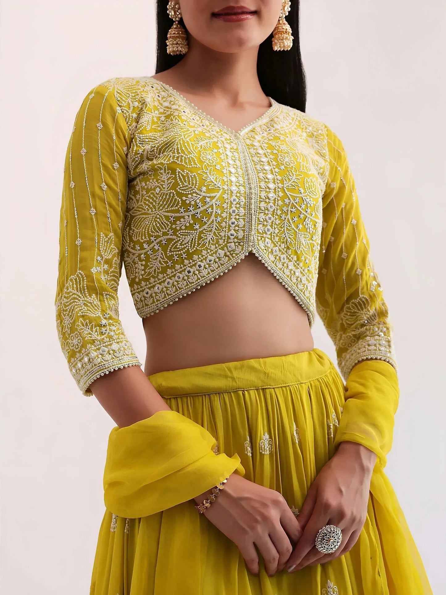 Tulsi Art Lovely Yellow Thread Embroidered Georgette Haldi Wear Lehenga Choli
