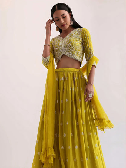 Tulsi Art Lovely Yellow Thread Embroidered Georgette Haldi Wear Lehenga Choli