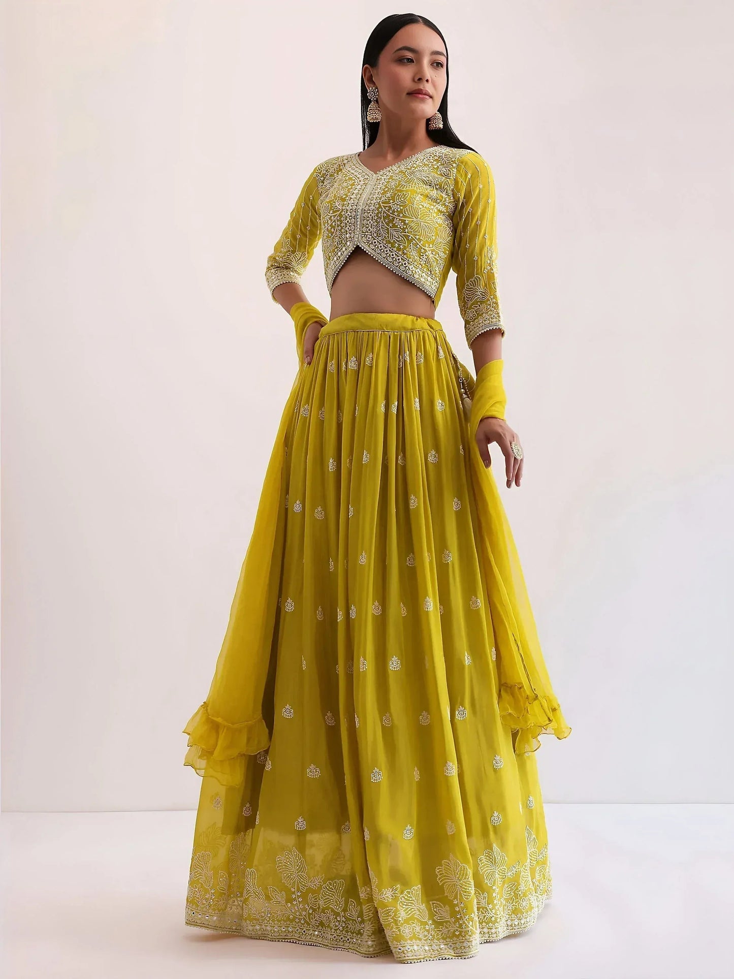 Tulsi Art Lovely Yellow Thread Embroidered Georgette Haldi Wear Lehenga Choli
