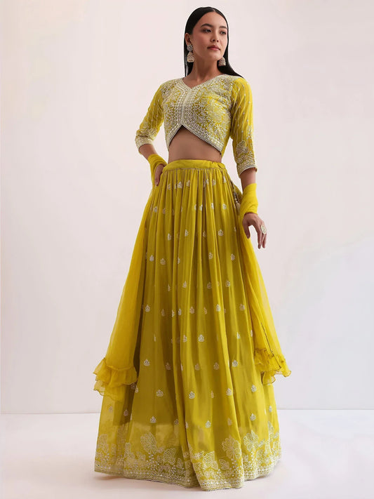 Tulsi Art Lovely Yellow Thread Embroidered Georgette Haldi Wear Lehenga Choli