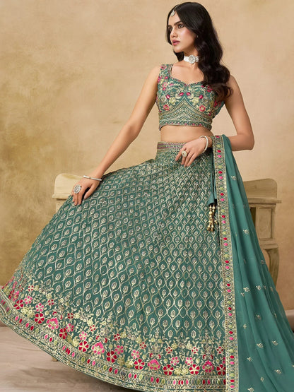 Tulsi Art Charming Green Zari Embroidered Georgette Wedding Wear Lehenga Choli