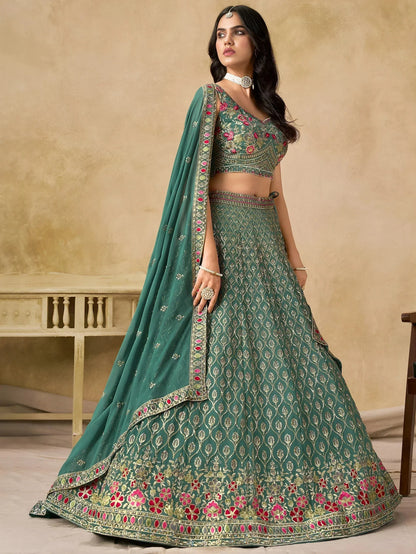Tulsi Art Charming Green Zari Embroidered Georgette Wedding Wear Lehenga Choli