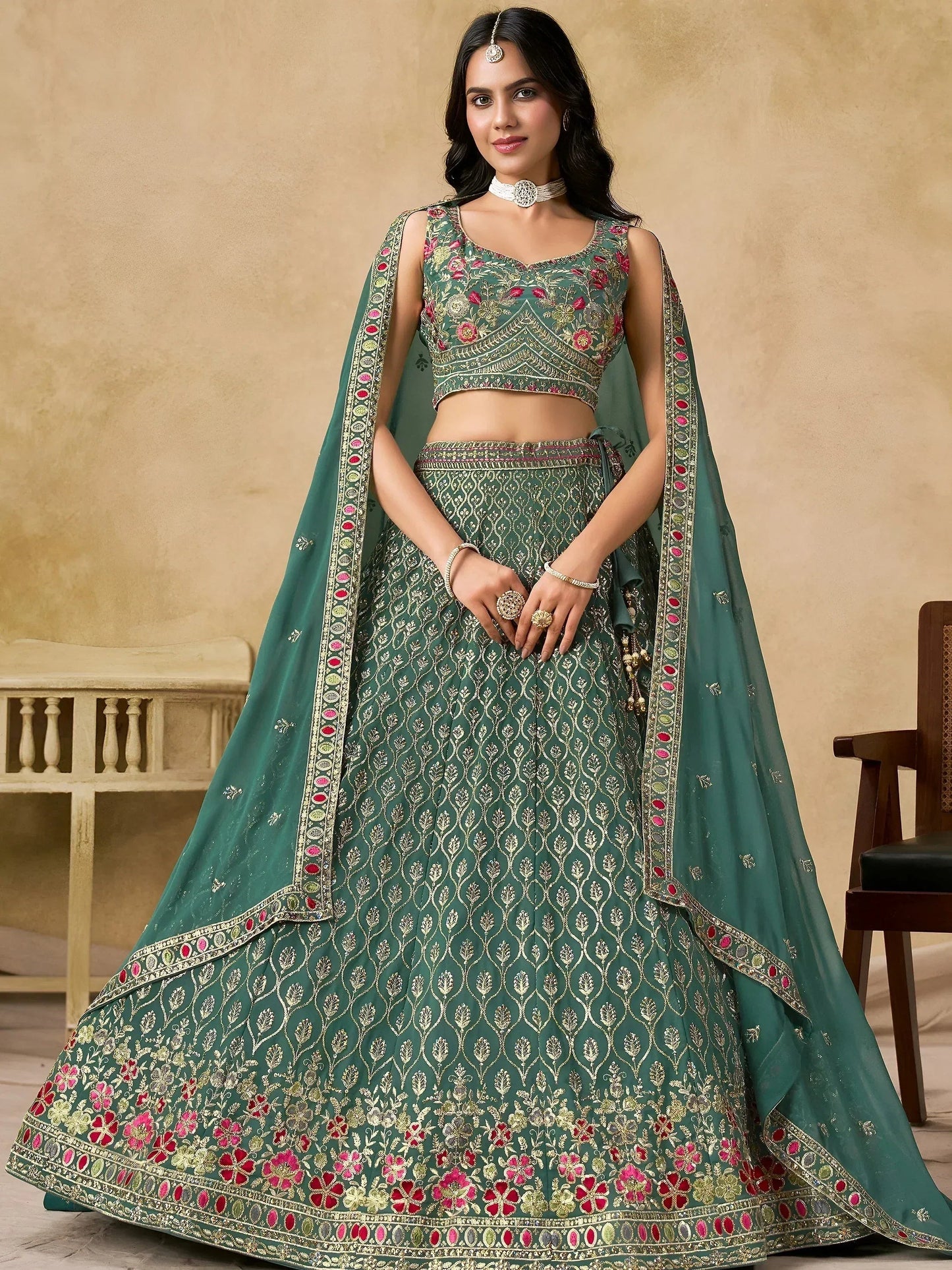 Tulsi Art Charming Green Zari Embroidered Georgette Wedding Wear Lehenga Choli