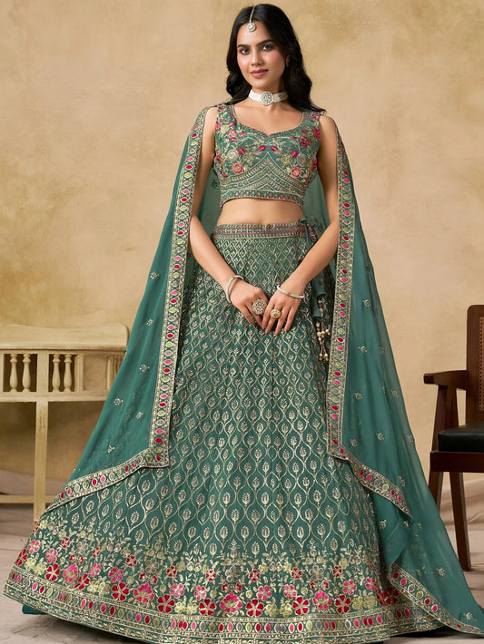 Tulsi Art Charming Green Zari Embroidered Georgette Wedding Wear Lehenga Choli