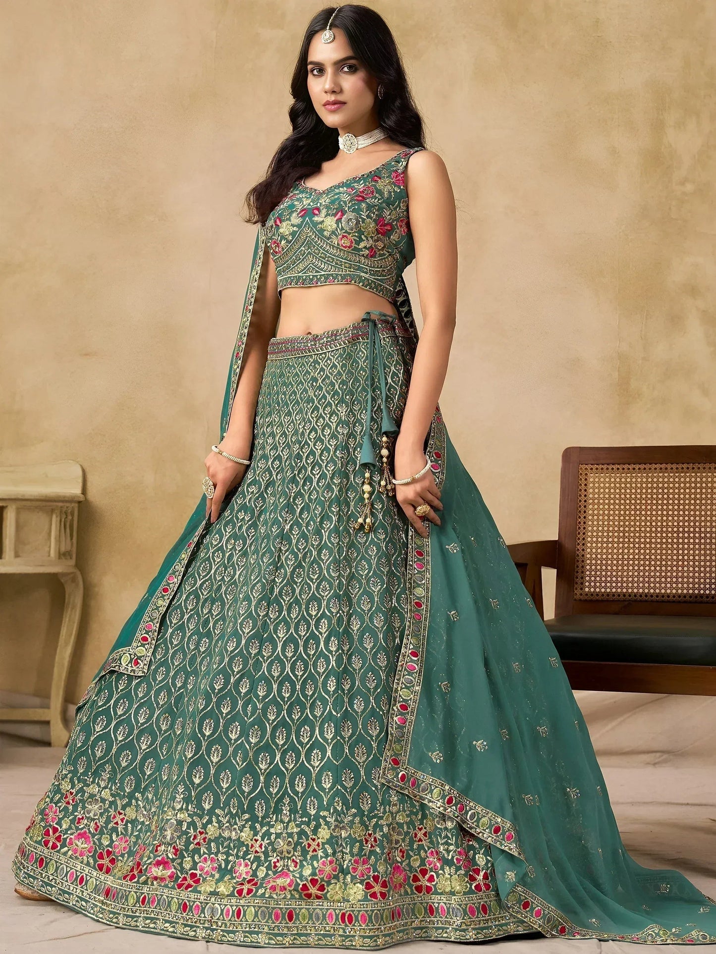 Tulsi Art Charming Green Zari Embroidered Georgette Wedding Wear Lehenga Choli