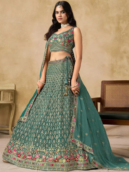 Tulsi Art Charming Green Zari Embroidered Georgette Wedding Wear Lehenga Choli