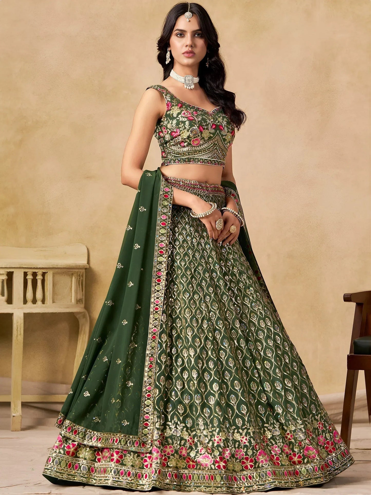 Tulsi Art Beautiful Green Zari Embroidered Georgette Mehendi Wear Lehenga Choli