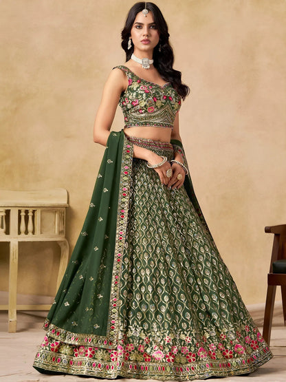 Tulsi Art Beautiful Green Zari Embroidered Georgette Mehendi Wear Lehenga Choli