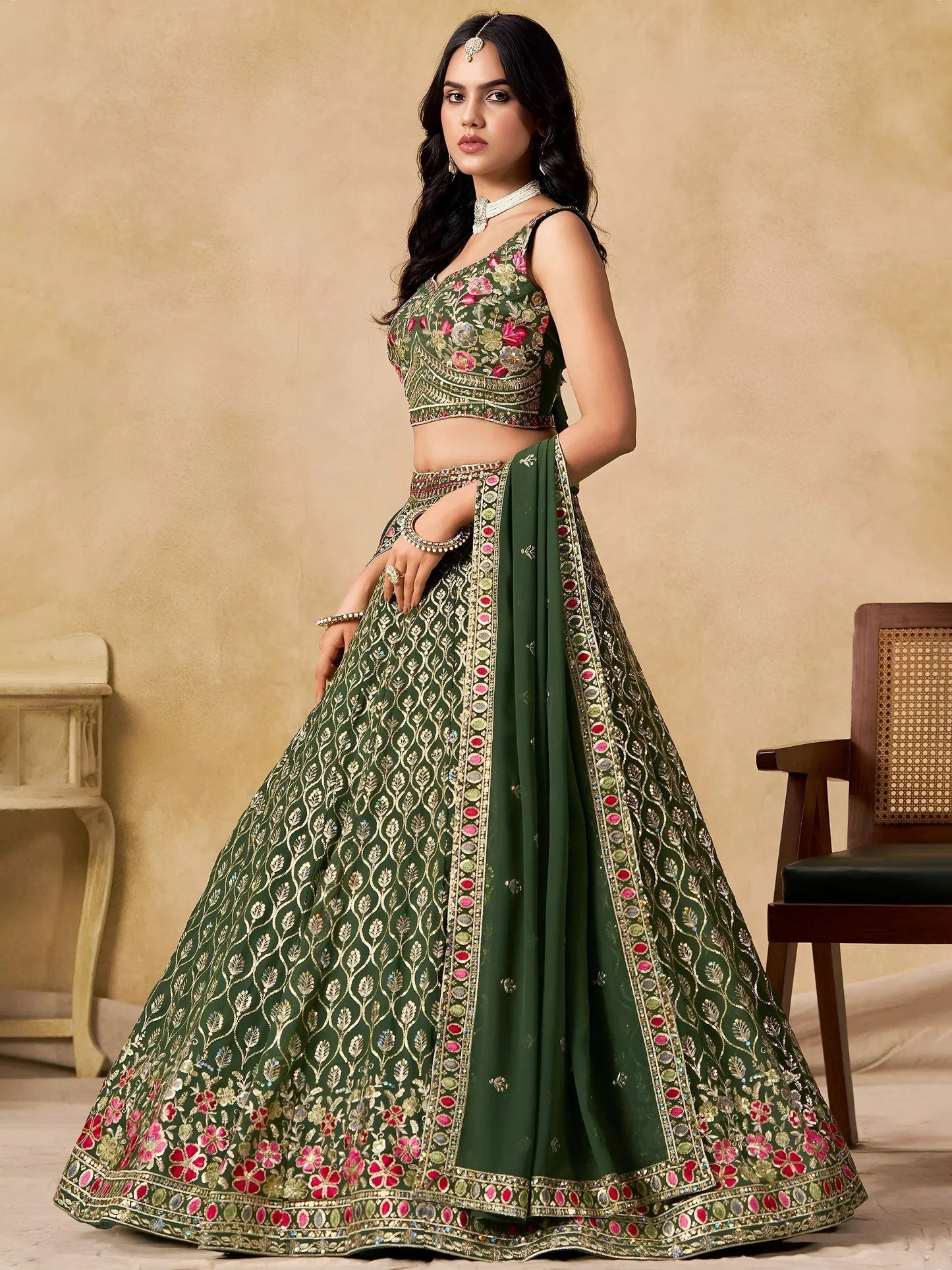 Tulsi Art Beautiful Green Zari Embroidered Georgette Mehendi Wear Lehenga Choli
