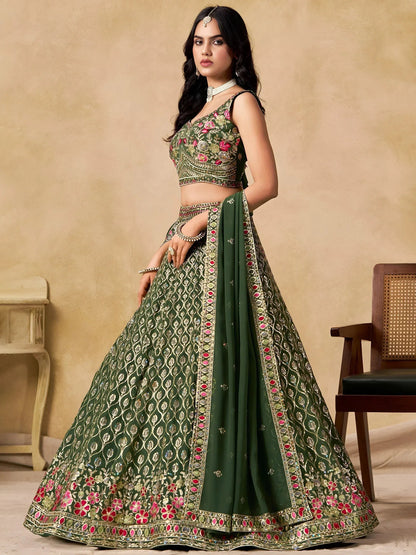 Tulsi Art Beautiful Green Zari Embroidered Georgette Mehendi Wear Lehenga Choli