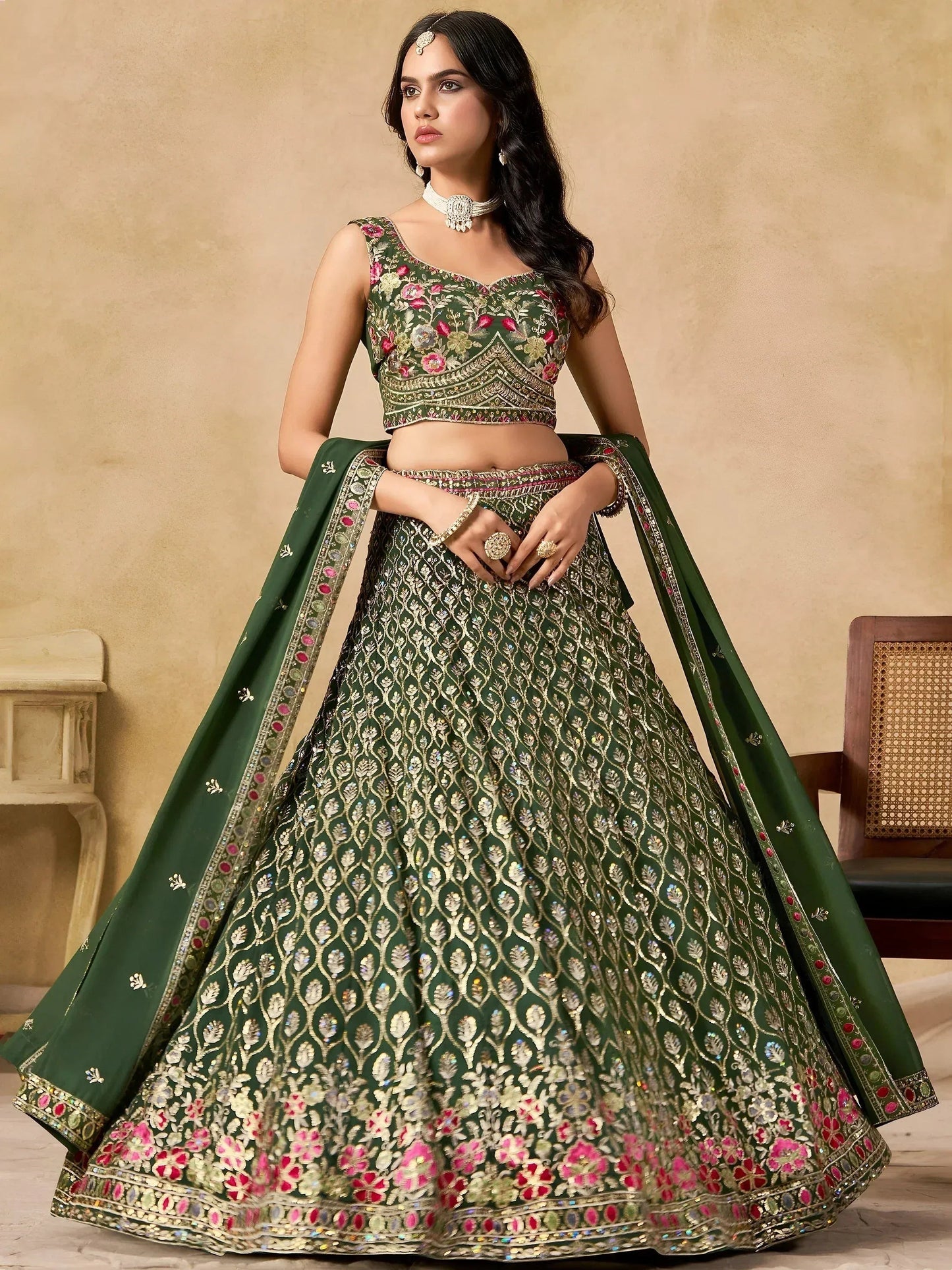 Tulsi Art Beautiful Green Zari Embroidered Georgette Mehendi Wear Lehenga Choli