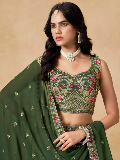 Tulsi Art Beautiful Green Zari Embroidered Georgette Mehendi Wear Lehenga Choli