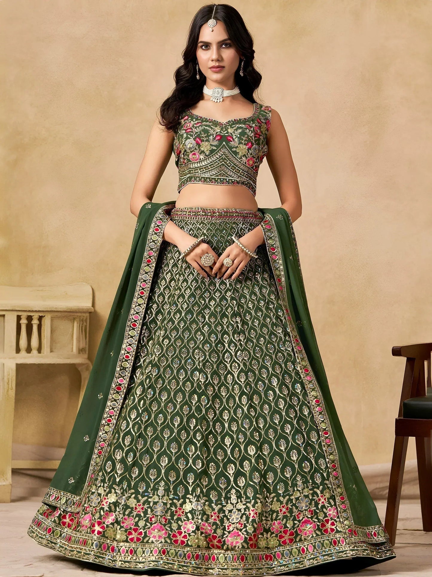 Tulsi Art Beautiful Green Zari Embroidered Georgette Mehendi Wear Lehenga Choli