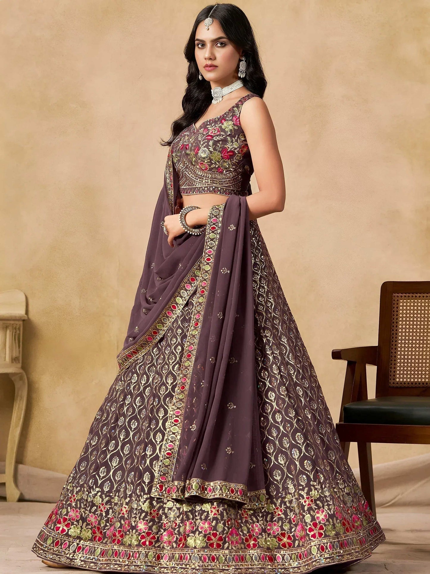 Tulsi Art Amazing Purple Zari Embroidered Georgette Wedding Wear Lehenga Choli