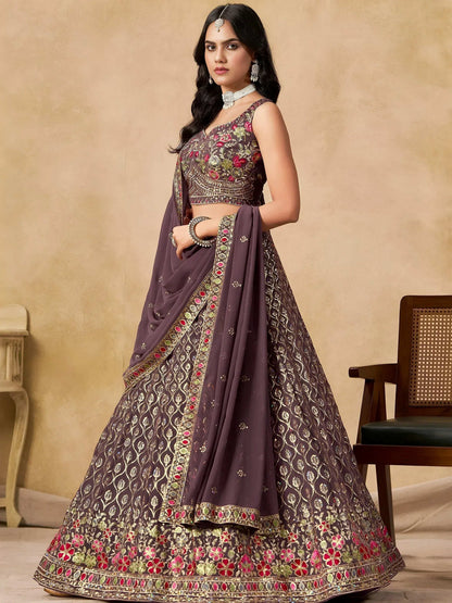 Tulsi Art Amazing Purple Zari Embroidered Georgette Wedding Wear Lehenga Choli