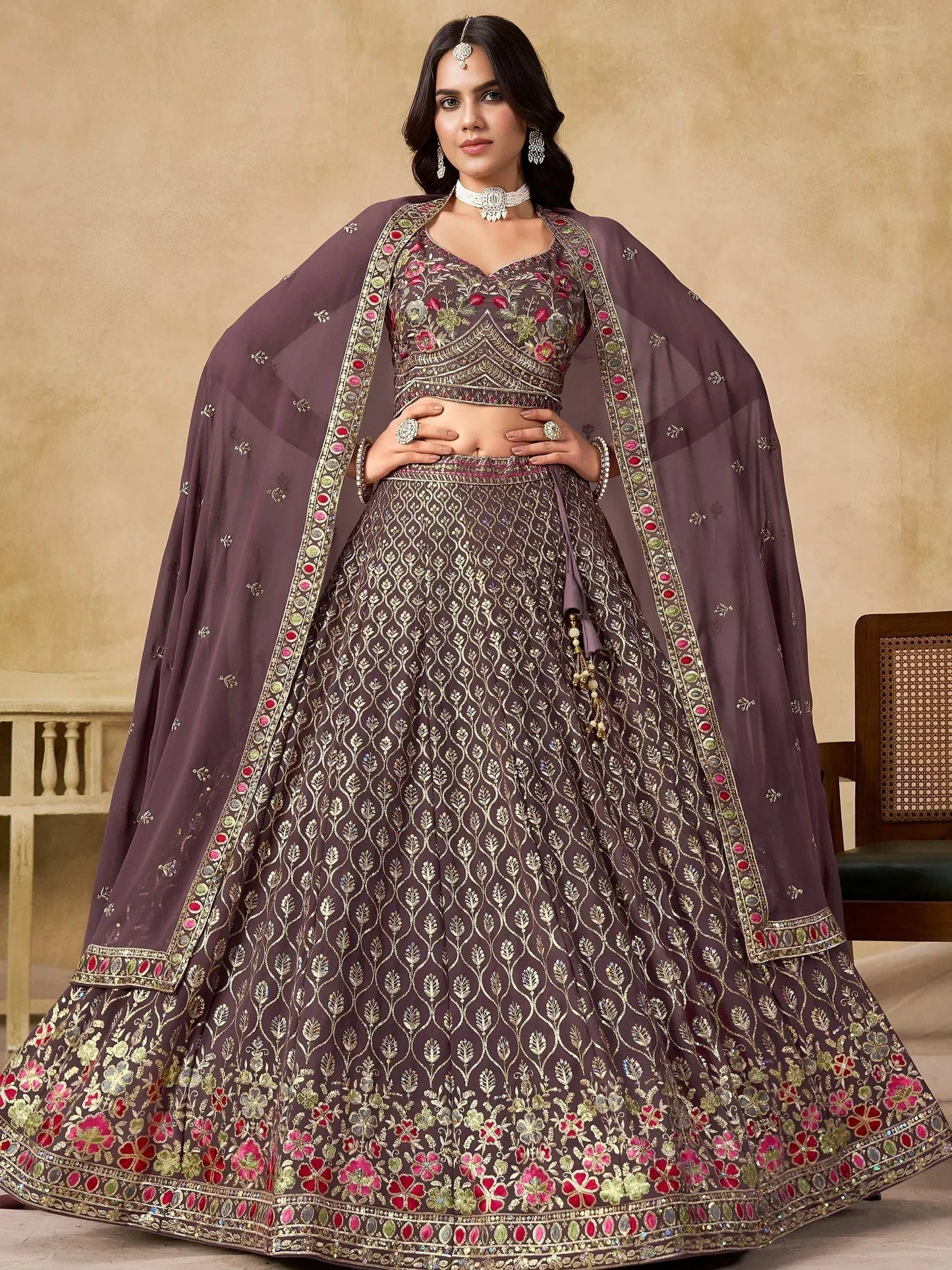 Tulsi Art Amazing Purple Zari Embroidered Georgette Wedding Wear Lehenga Choli