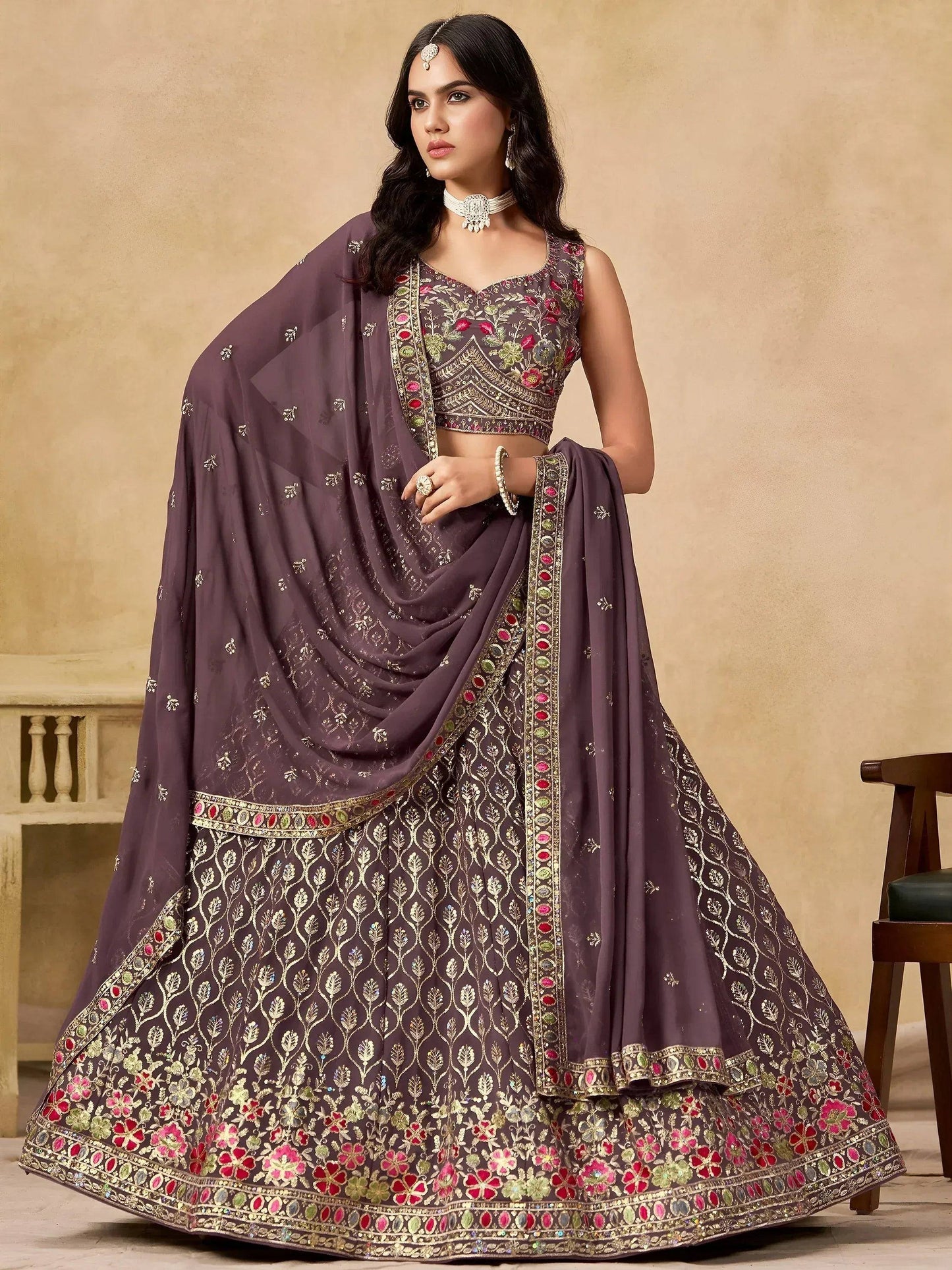 Tulsi Art Amazing Purple Zari Embroidered Georgette Wedding Wear Lehenga Choli