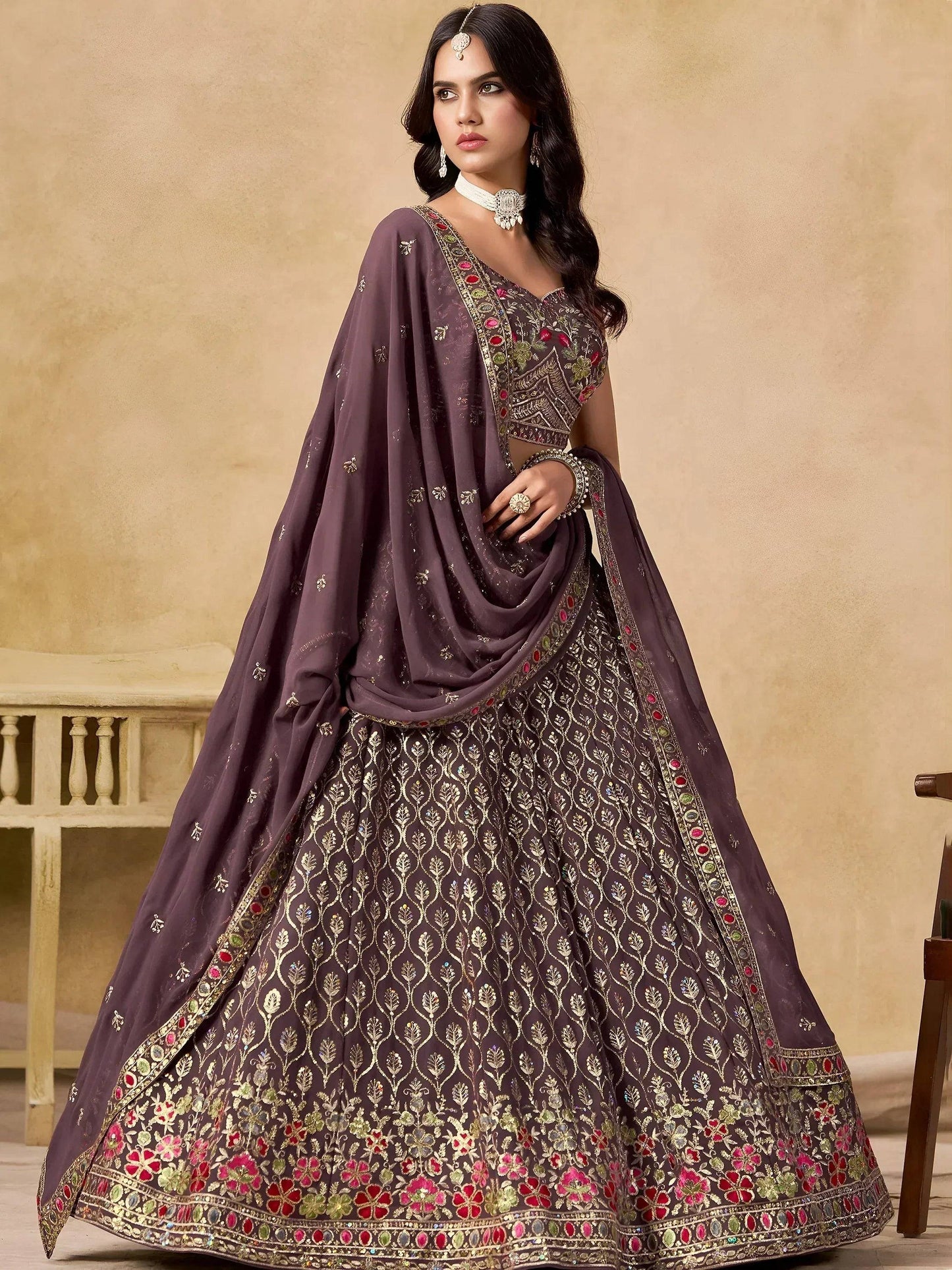 Tulsi Art Amazing Purple Zari Embroidered Georgette Wedding Wear Lehenga Choli