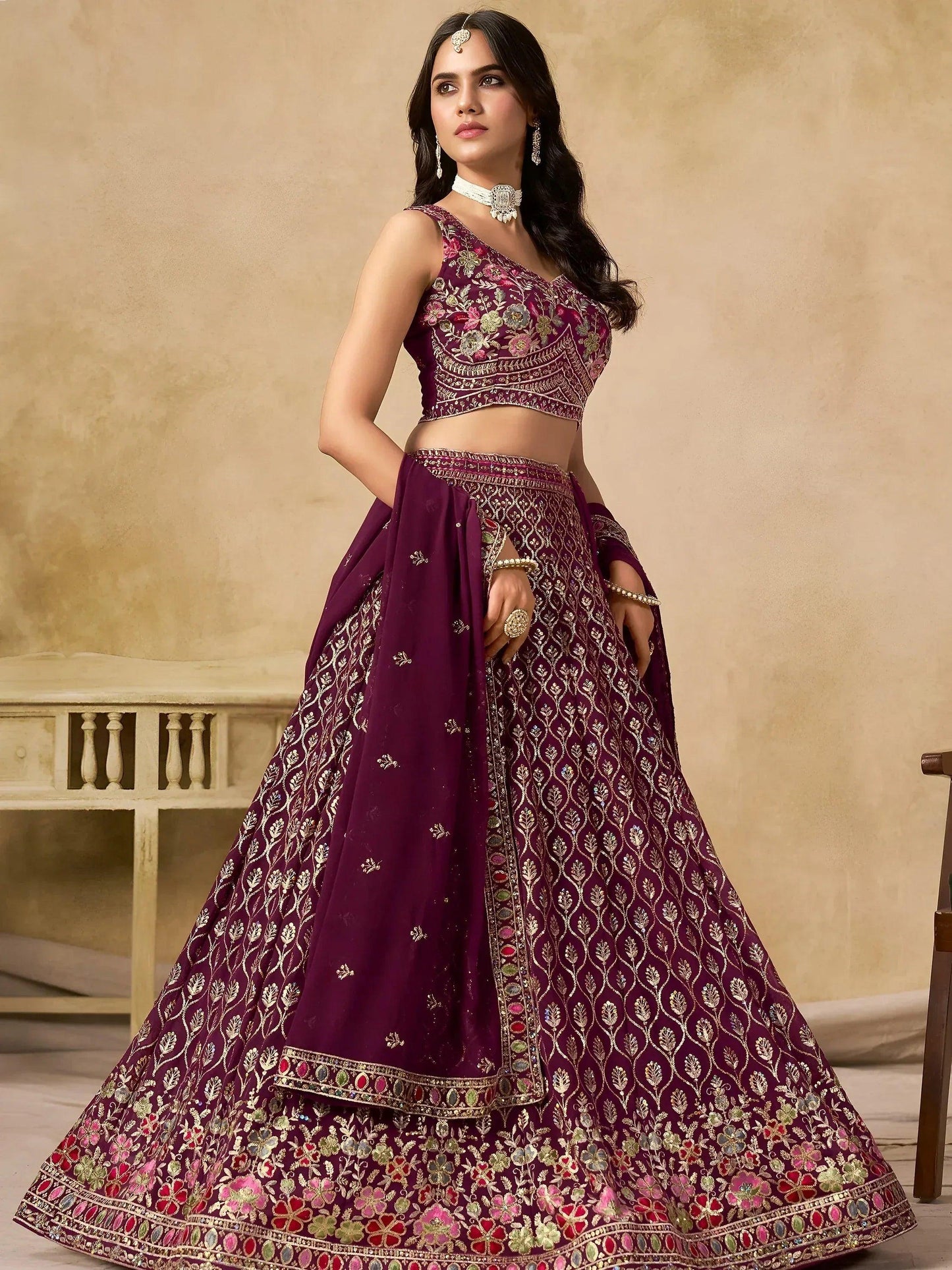 Tulsi Art Alluring Maroon Zari Embroidered Georgette Wedding Wear Lehenga Choli