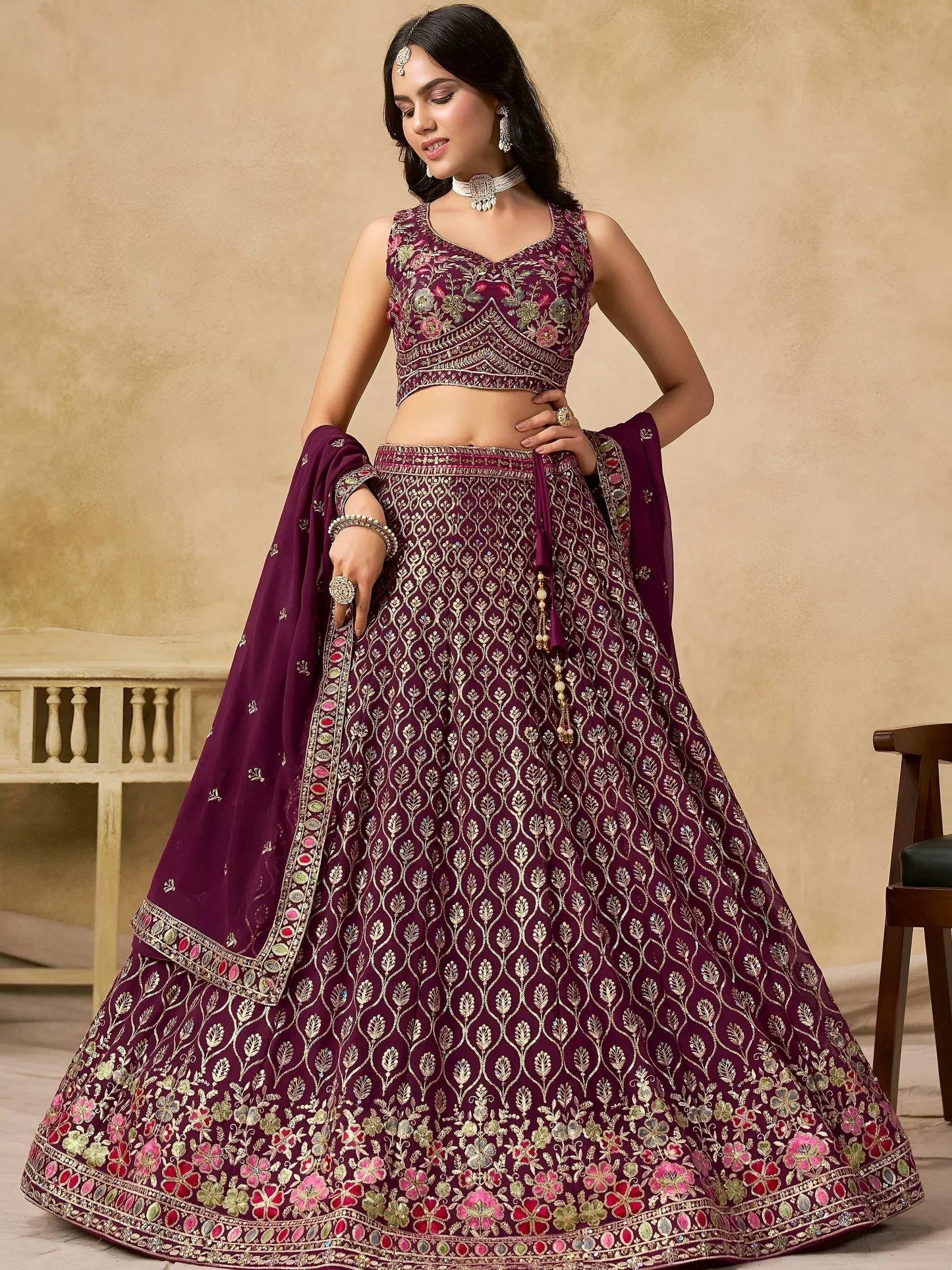 Tulsi Art Alluring Maroon Zari Embroidered Georgette Wedding Wear Lehenga Choli