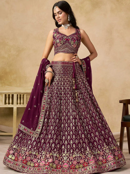 Tulsi Art Alluring Maroon Zari Embroidered Georgette Wedding Wear Lehenga Choli