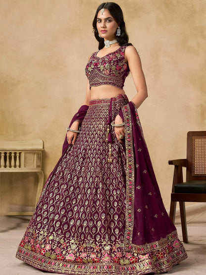 Tulsi Art Alluring Maroon Zari Embroidered Georgette Wedding Wear Lehenga Choli